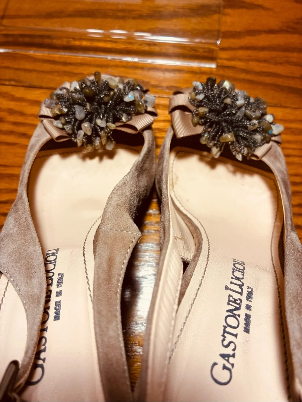 Gastone Lucioli ITALY Beaded Suede Platform Slingback Heels Taupe EU 40 US 9.5